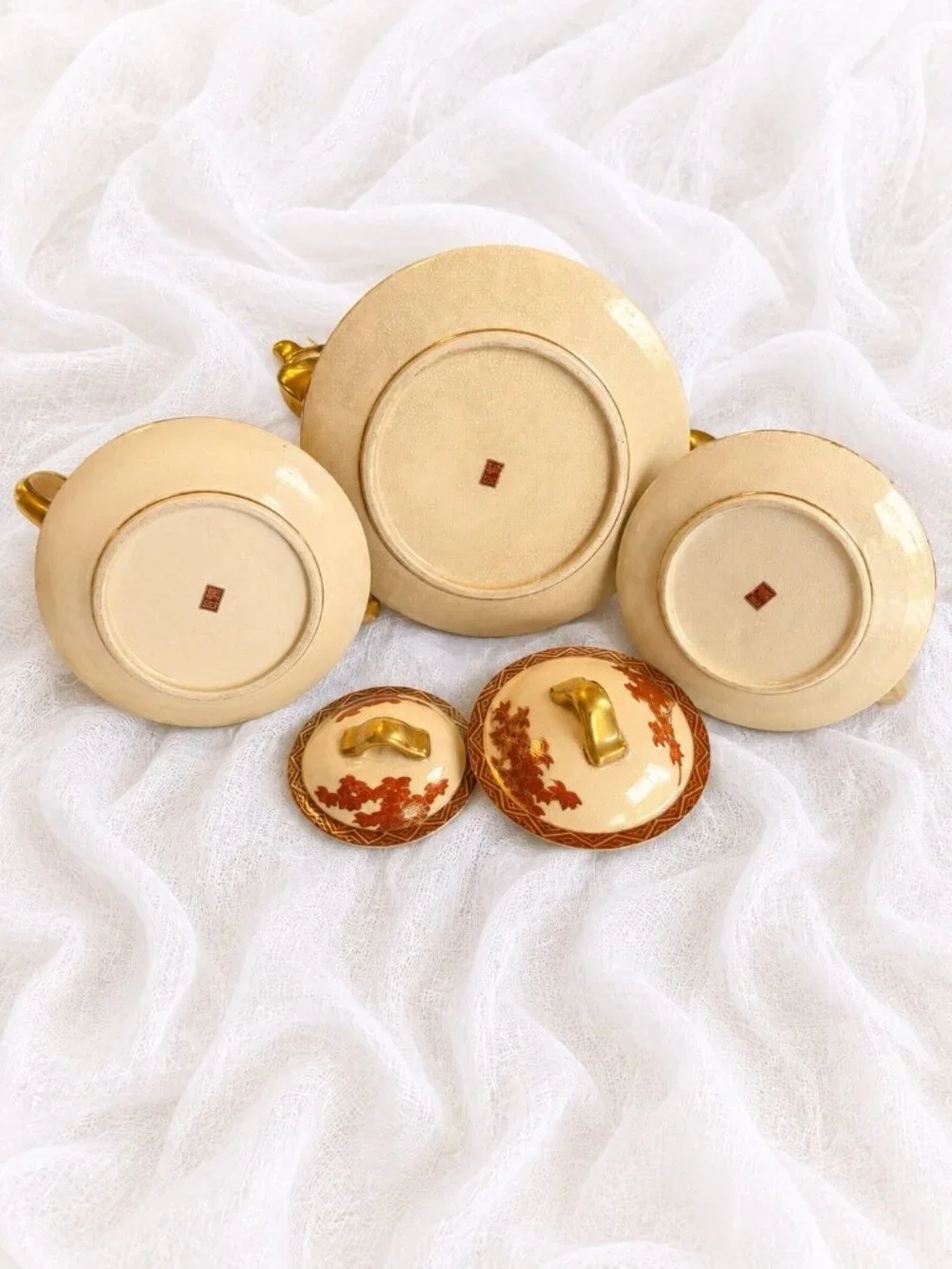 Vintage Kutani Japan Tea Set 13 Pc Autumn Maple Crackle Glaze Gold Trim Teapot
